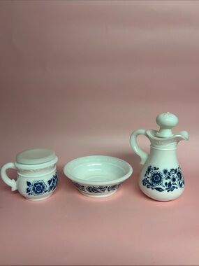 Vintage Avon Milk Glass Pitcher and Bowl: Delft Blue Floral Bath Set of 3 pcs